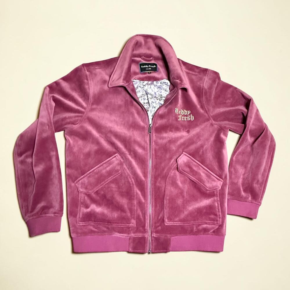 Teddy Fresh Velour Zip Jacket Magenta Pink w/ Floral Satin Lining Size L